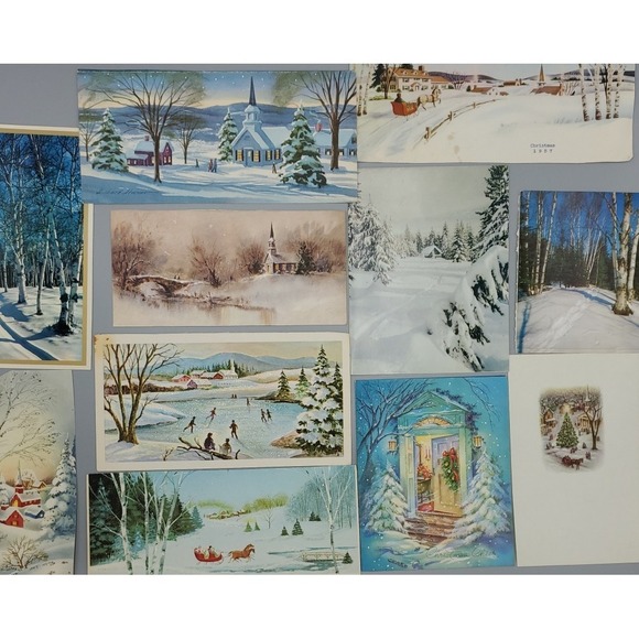 Other - 11 Old Vintage Used Christmas Card Fronts for Crafts Winter Snow Country Woods